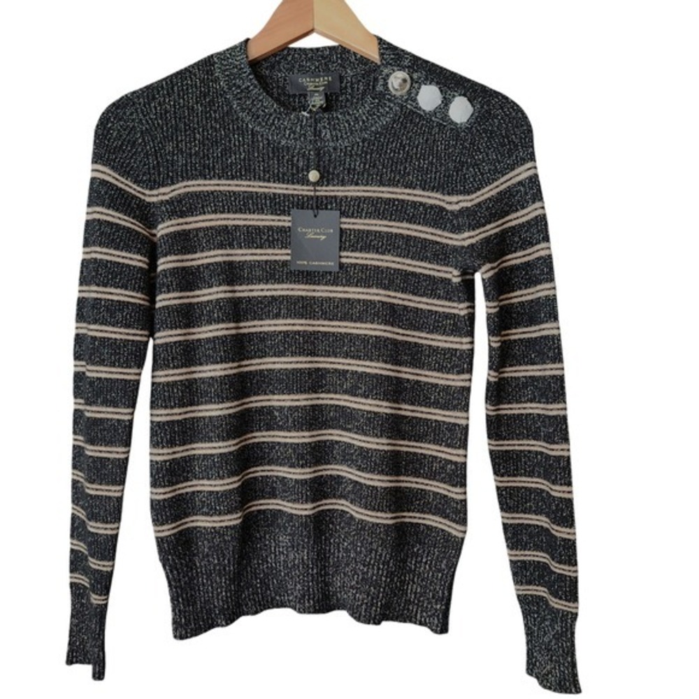 CHARTER CLUB Luxury Cashmere Blend Sweater XS Black Gold Metallic‎ Pullover NWT